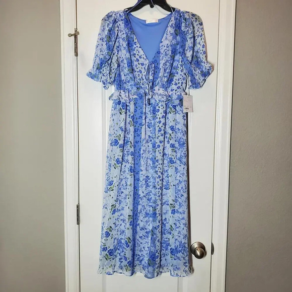 NWT LC Lauren Conrad Floral Print Pleated Empire Waist Chiffon V-Neck Midi Dress - Picture 15 of 16